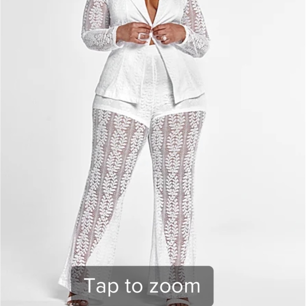 White lace suit jacket and pant has lining jacket has no button pant zip in back